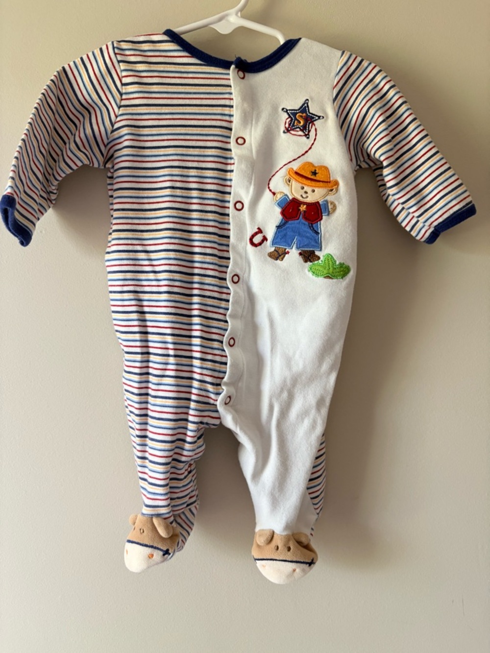 Baby 6 Months Cute Cowboy Colorblock Striped Footie Pajama Embroidered S Cotton